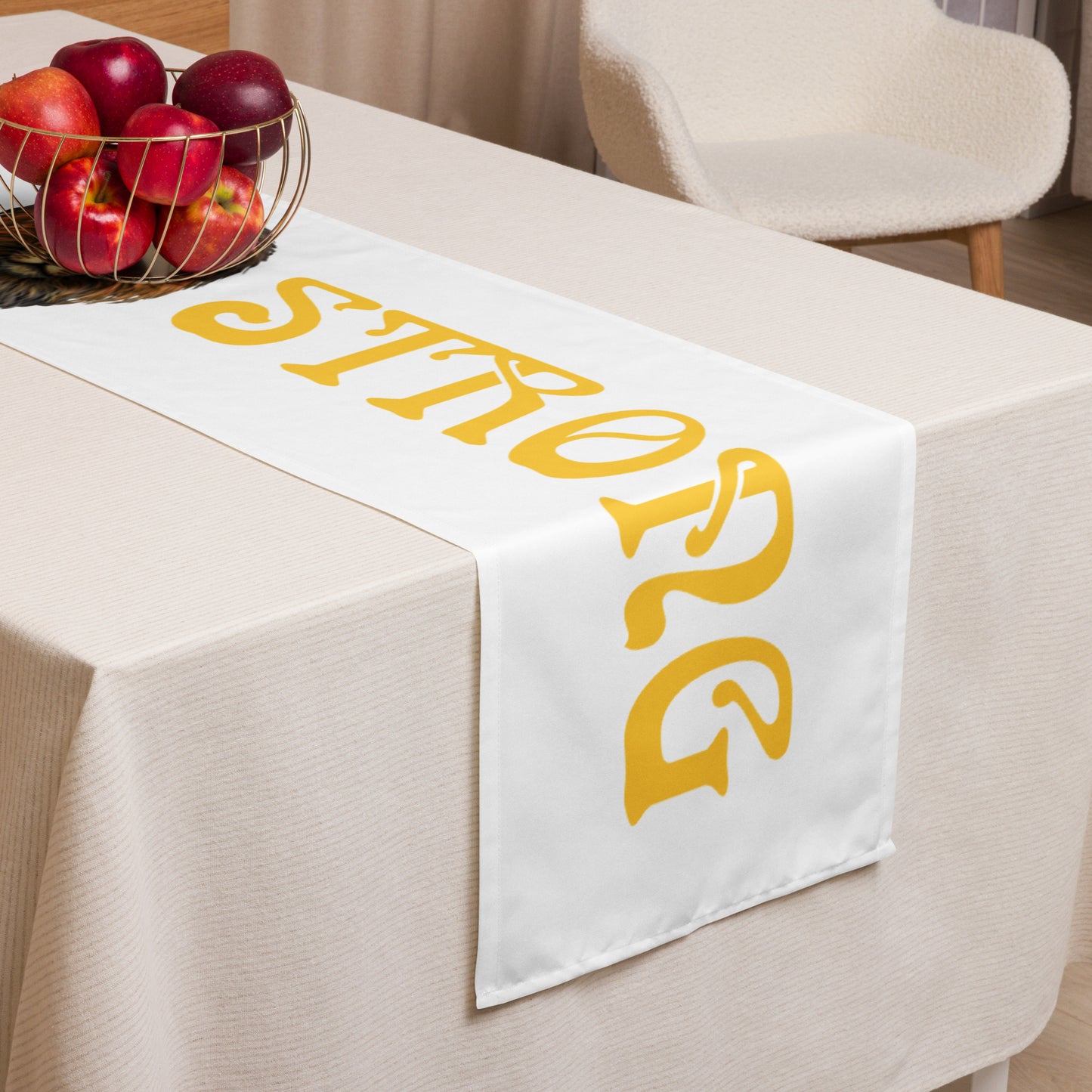 “STRONG”White Table Runner W/Yellow Font
