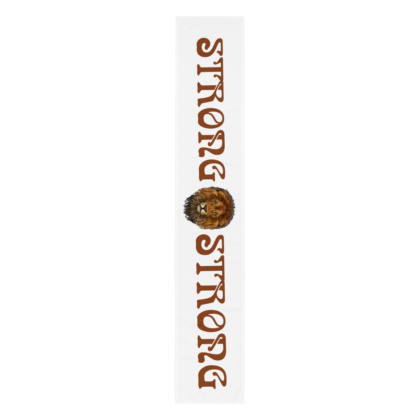 “STRONG”White Table Runner W/Brown Font