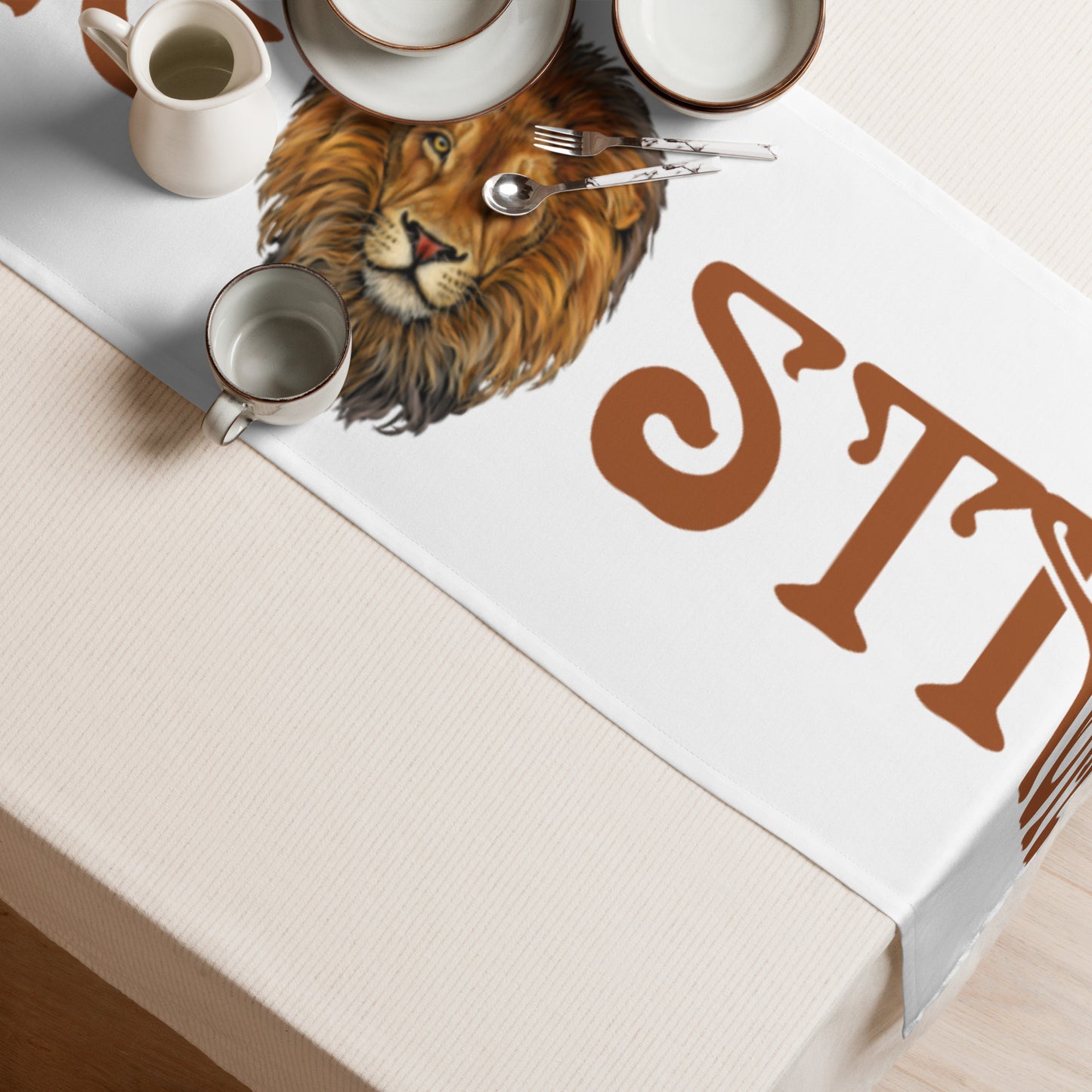“STRONG”White Table Runner W/Brown Font