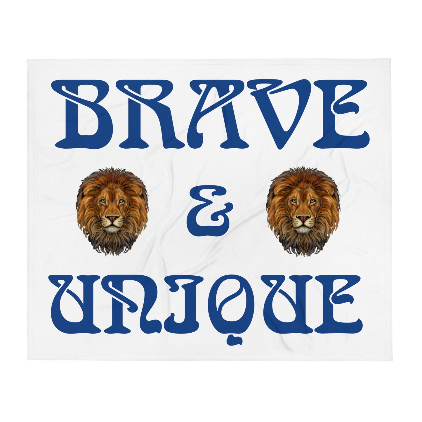 “BRAVE & UNIQUE”White Throw Blanket W/Blue Font