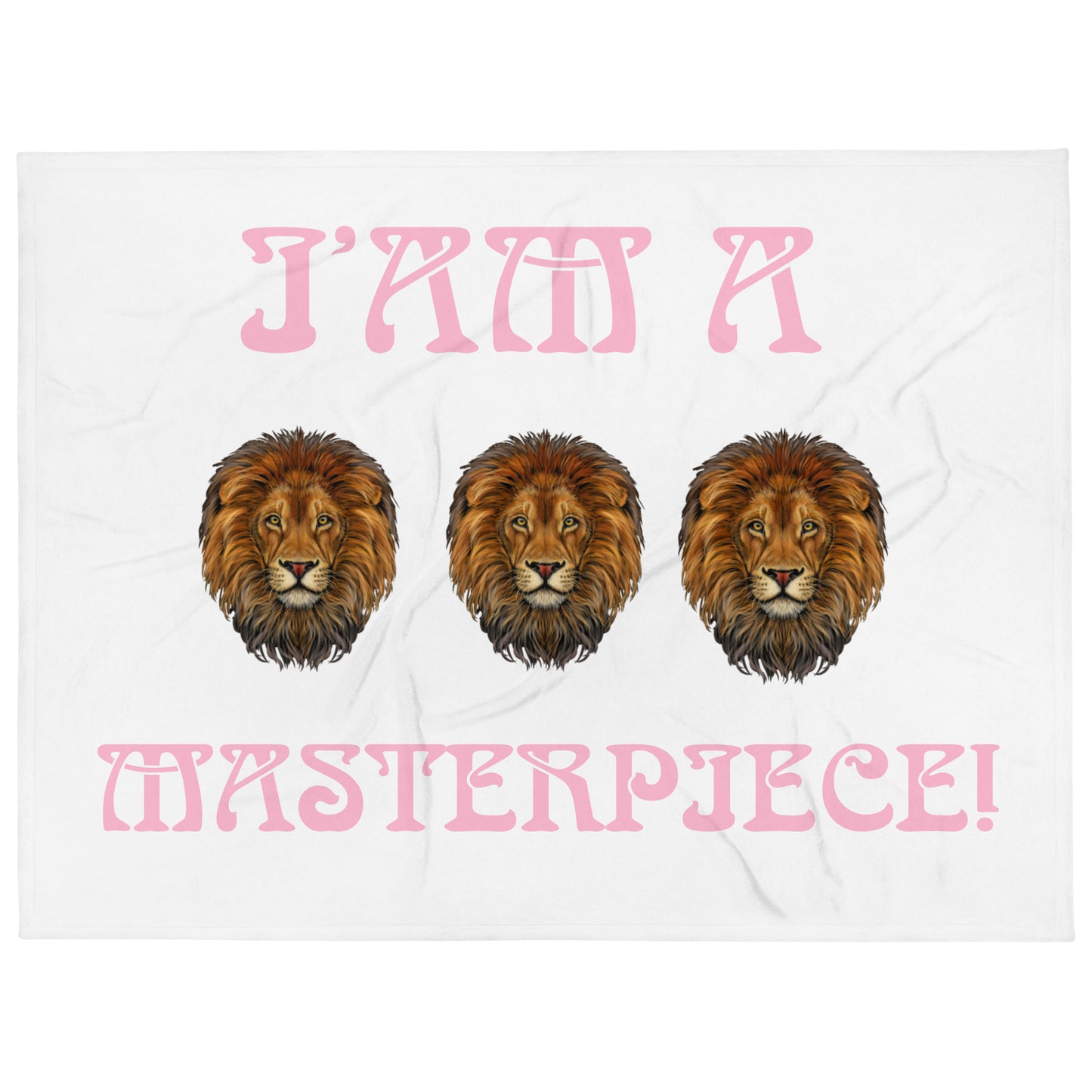 “IAM A MASTERPIECE!”White Throw Blanket W/Three Lions & Cotton Candy Font
