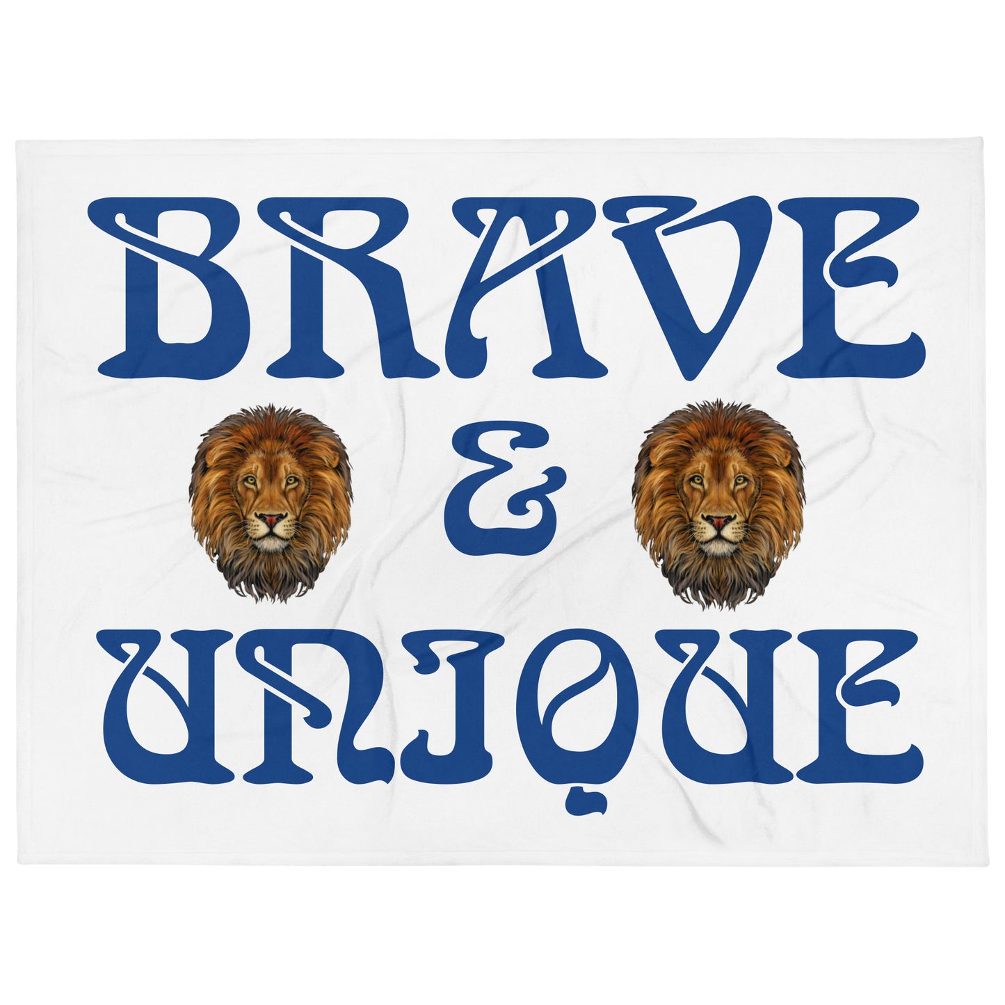 “BRAVE & UNIQUE”White Throw Blanket W/Blue Font