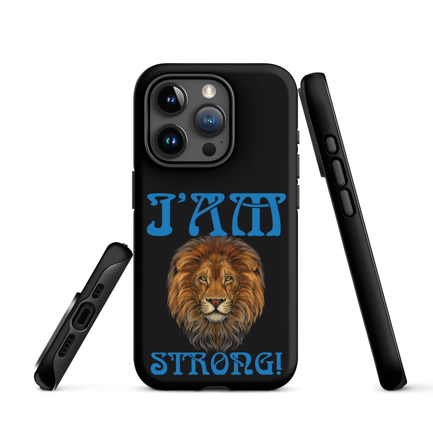 “I’AM STRONG!” Black Tough Case for iPhone® W/Navy Blue Font