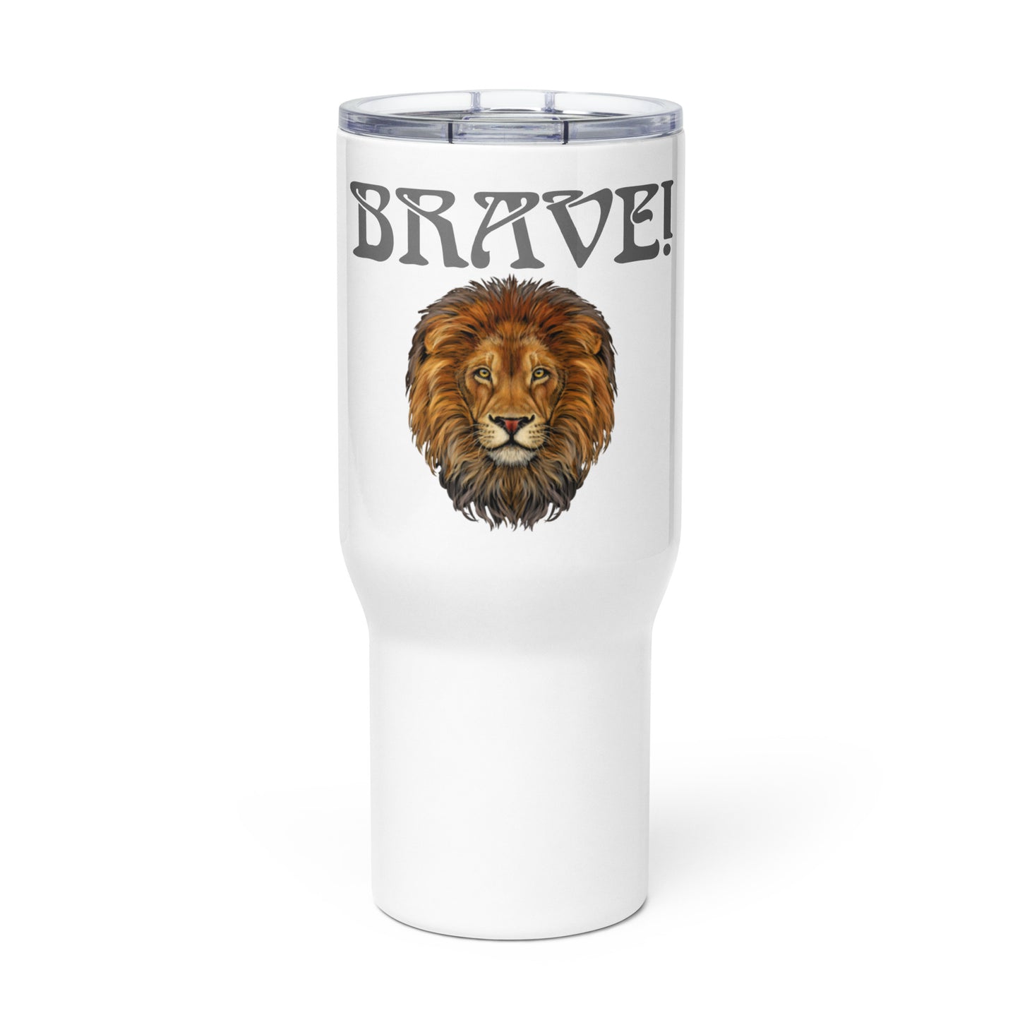 “BRAVE”White Travel Mug W/Grey Font