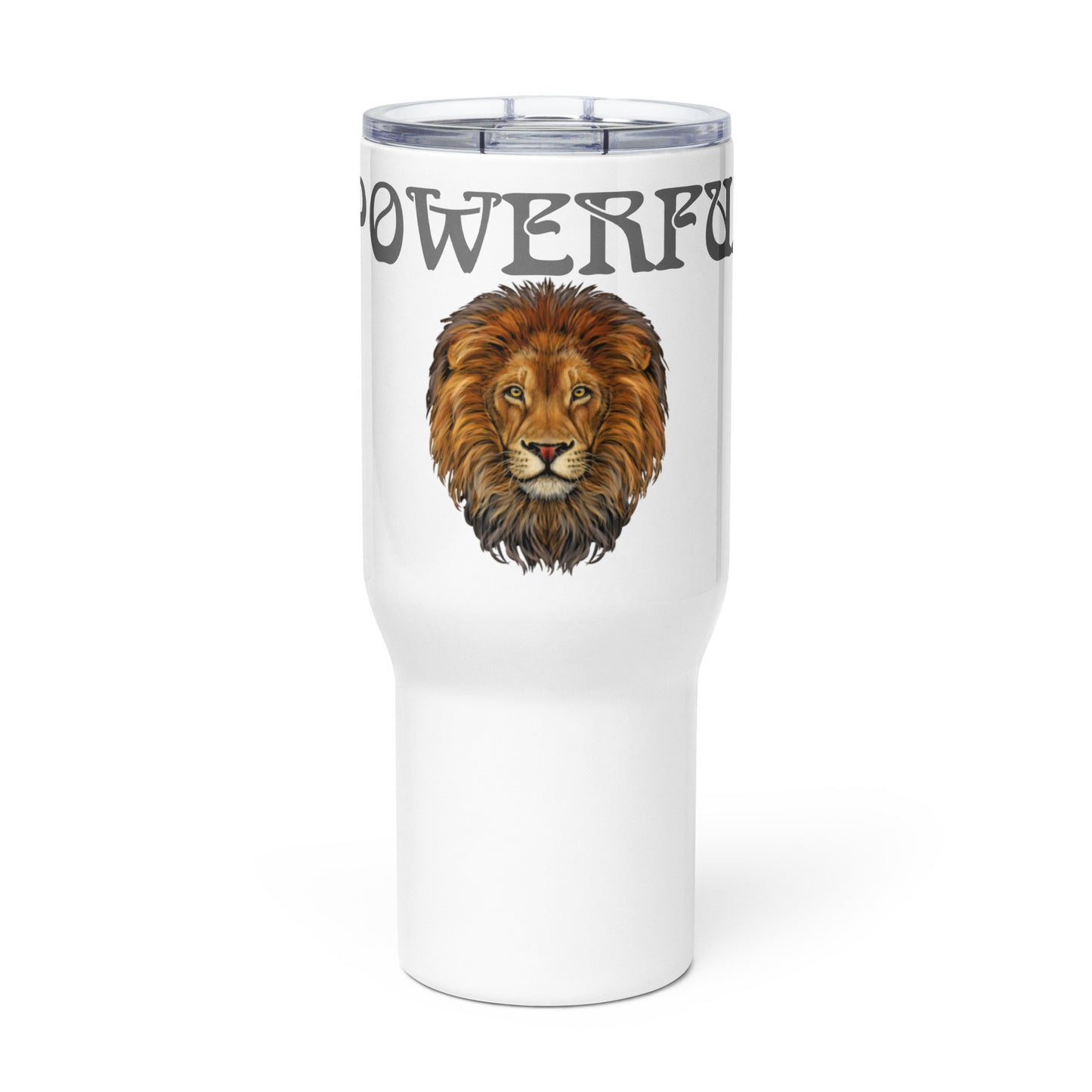 “POWERFUL”White Travel Mug W/Grey Font