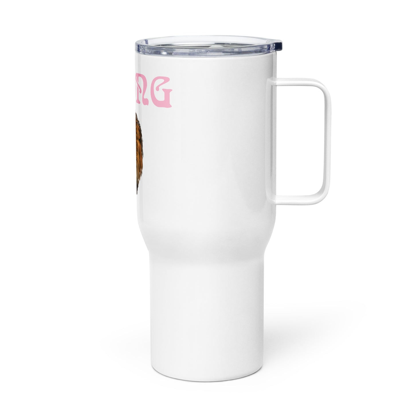 "STRONG"White Travel Mug W/Cotton Candy Font
