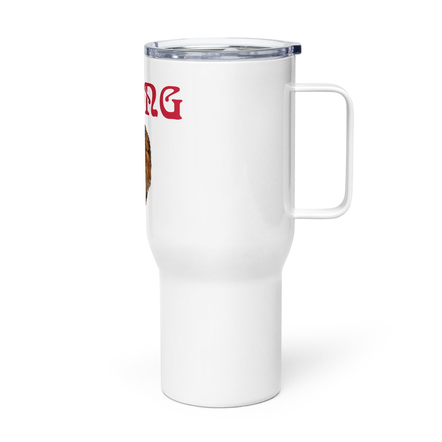 “STRONG”White Travel Mug W/Red Font