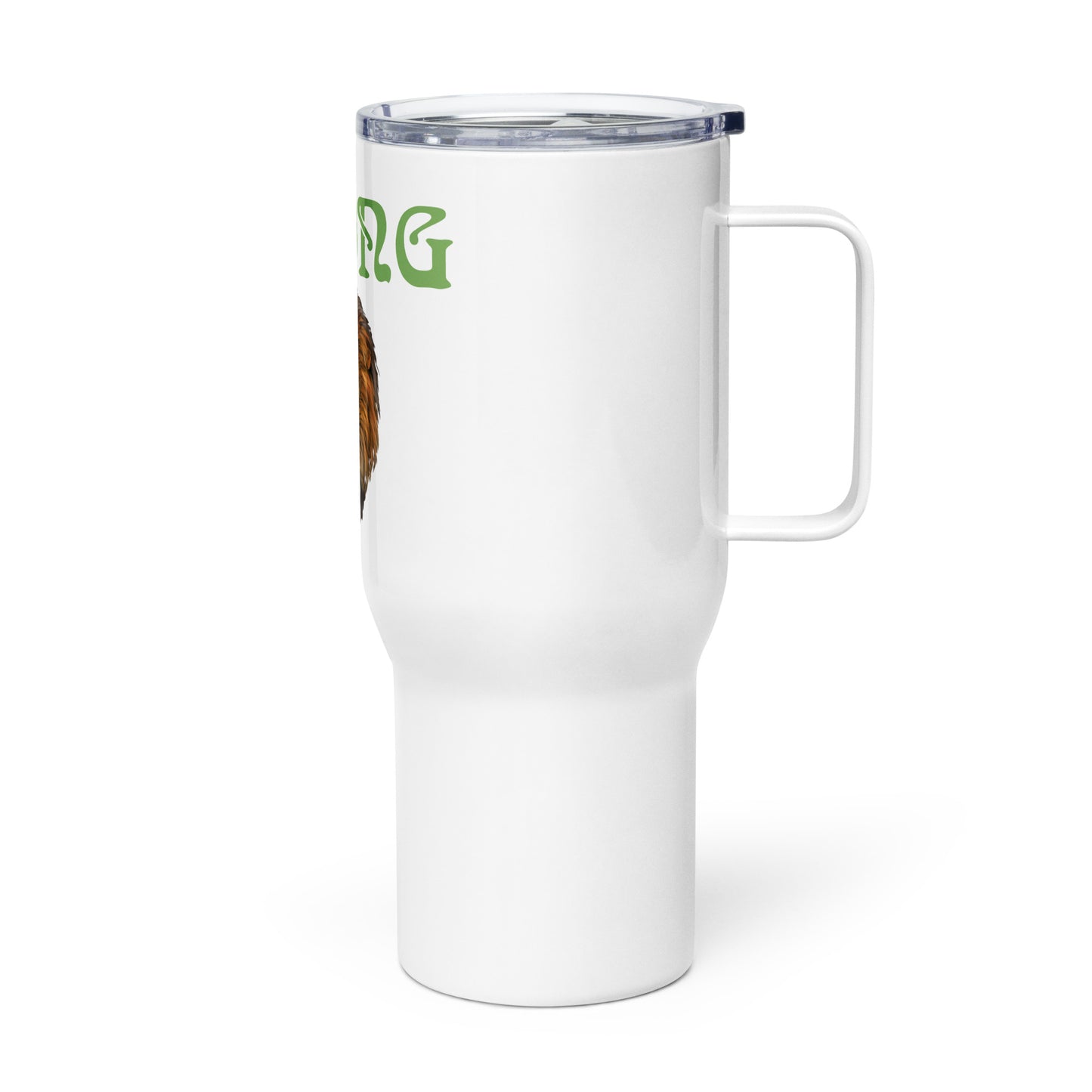 "STRONG"White Travel Mug W/Green Font