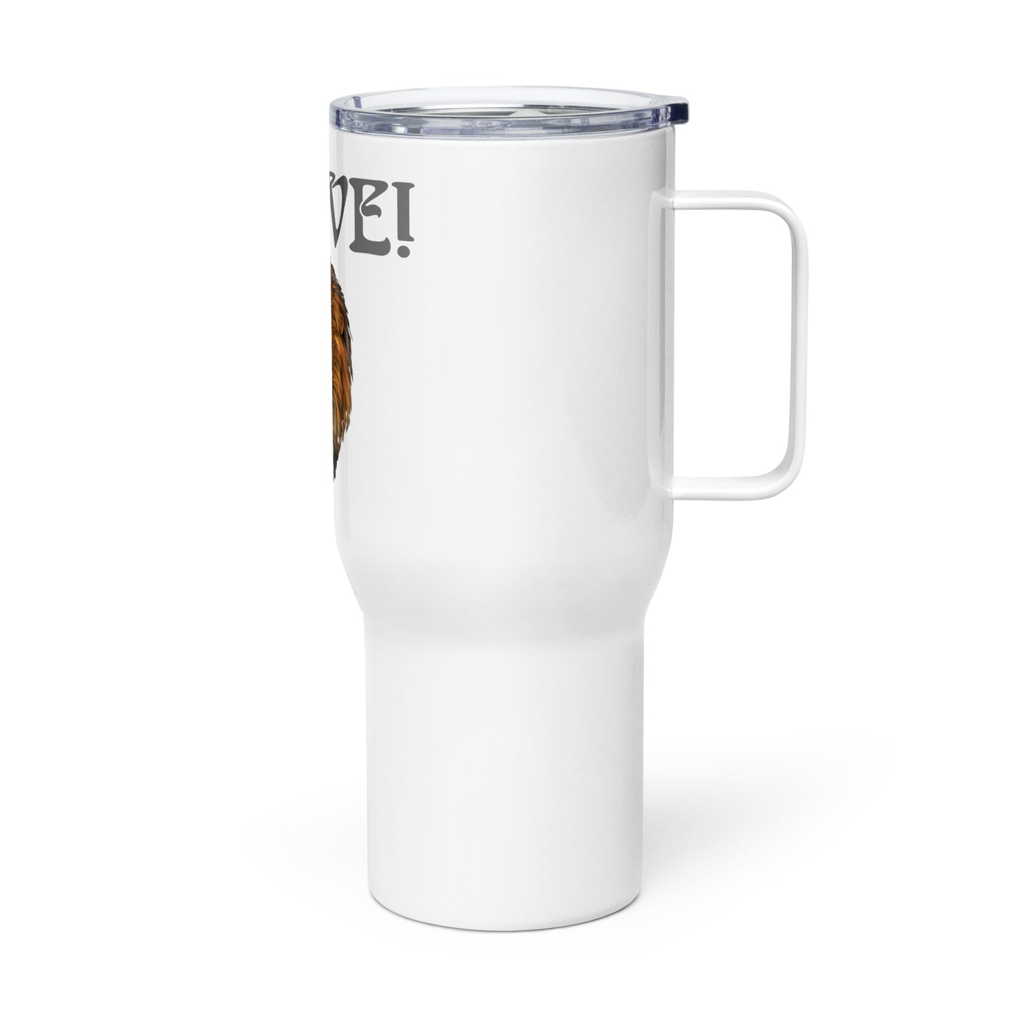 “BRAVE”White Travel Mug W/Grey Font