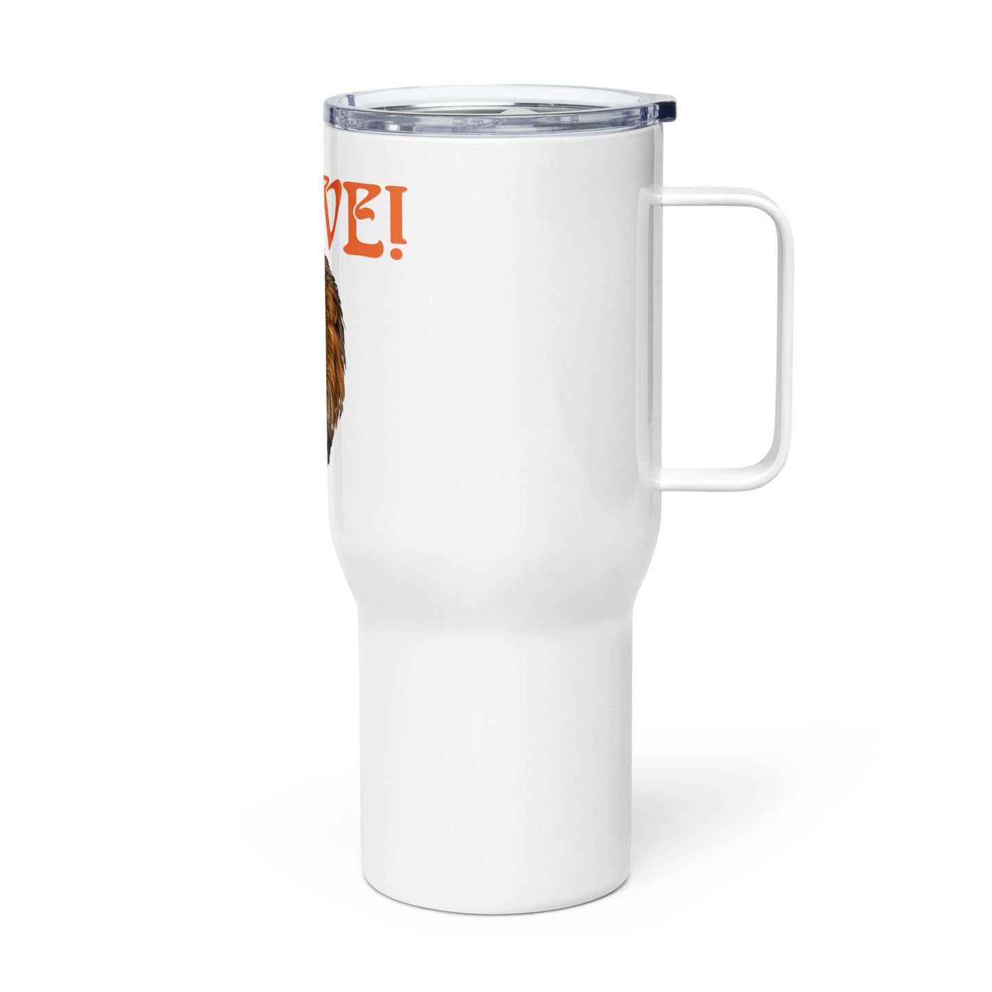 “BRAVE”White Travel Mug W/Orange Font
