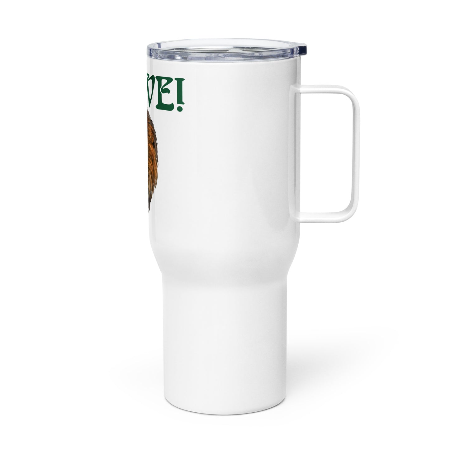 “BRAVE”White Travel Mug W/Green Font