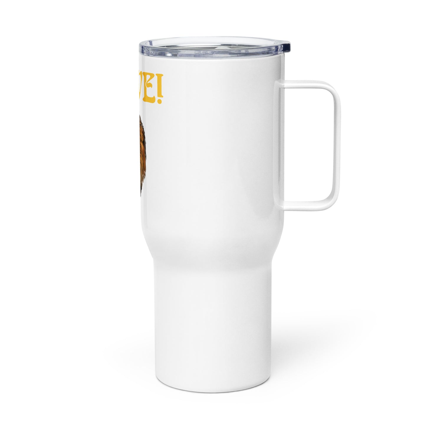“BRAVE”White Travel Mug W/Yellow Font