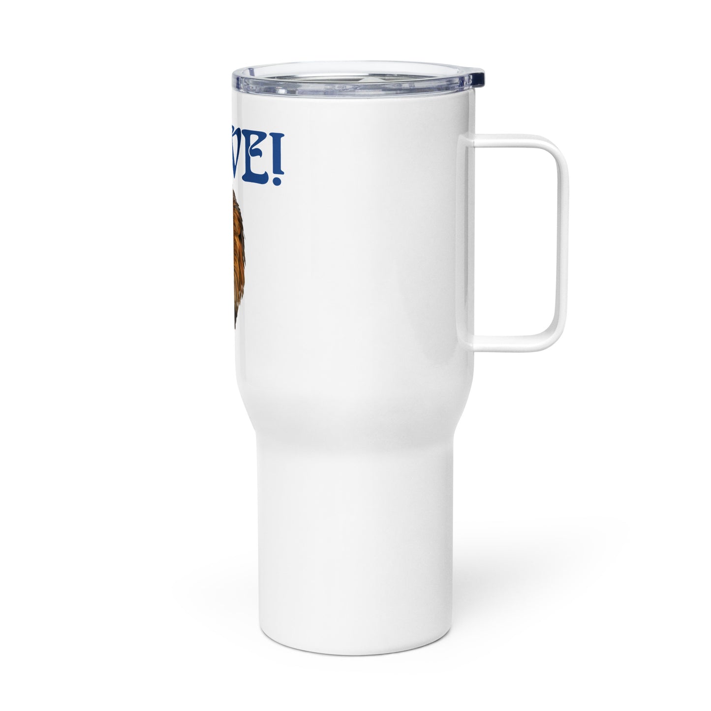 “BRAVE”White Travel Mug W/Blue Font