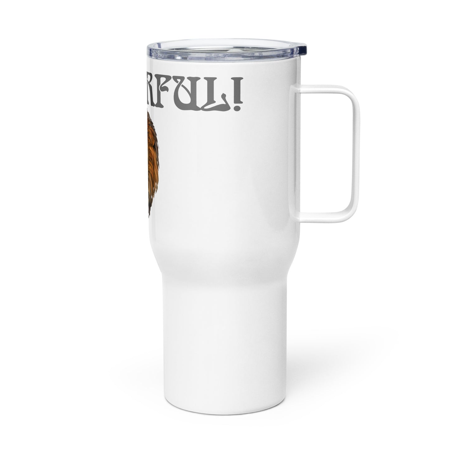 “POWERFUL”White Travel Mug W/Grey Font