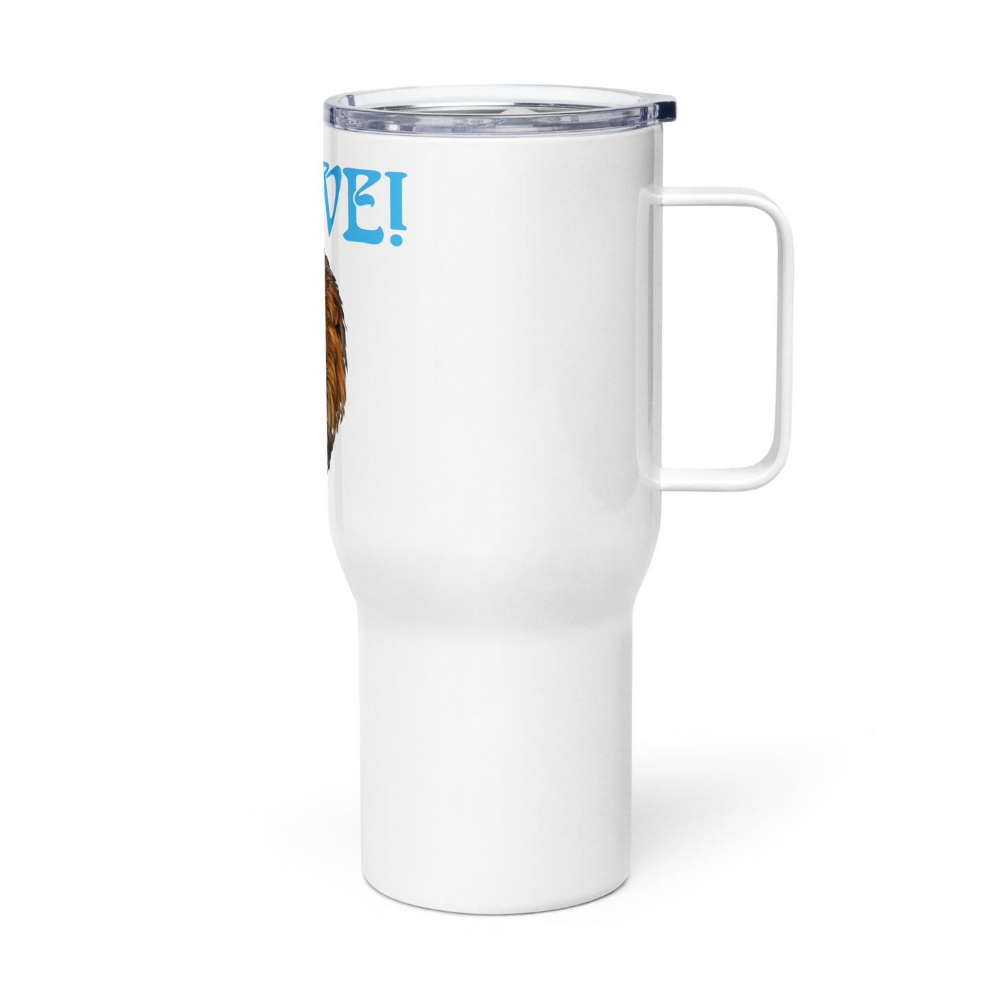 “BRAVE”White Travel Mug W/SkyBlue Font