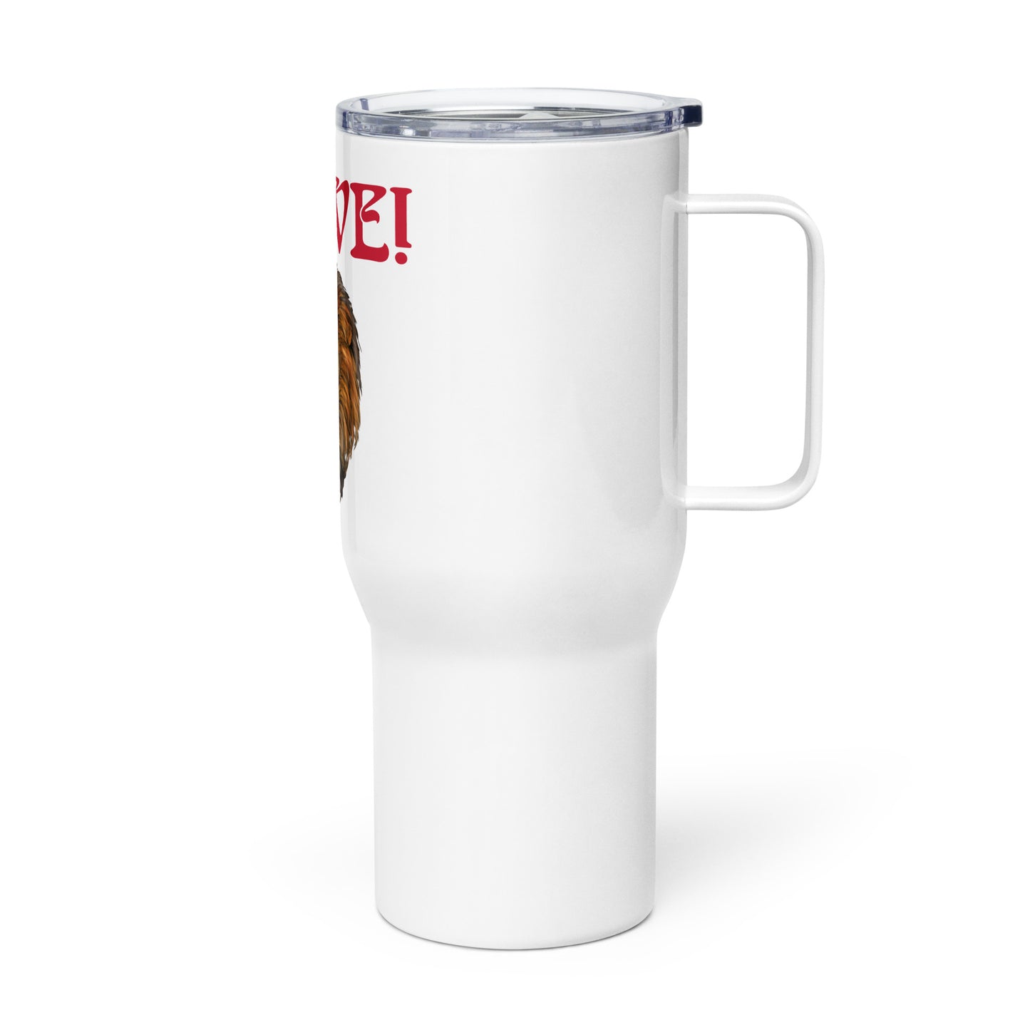 “BRAVE”White Travel Mug W/Red Font