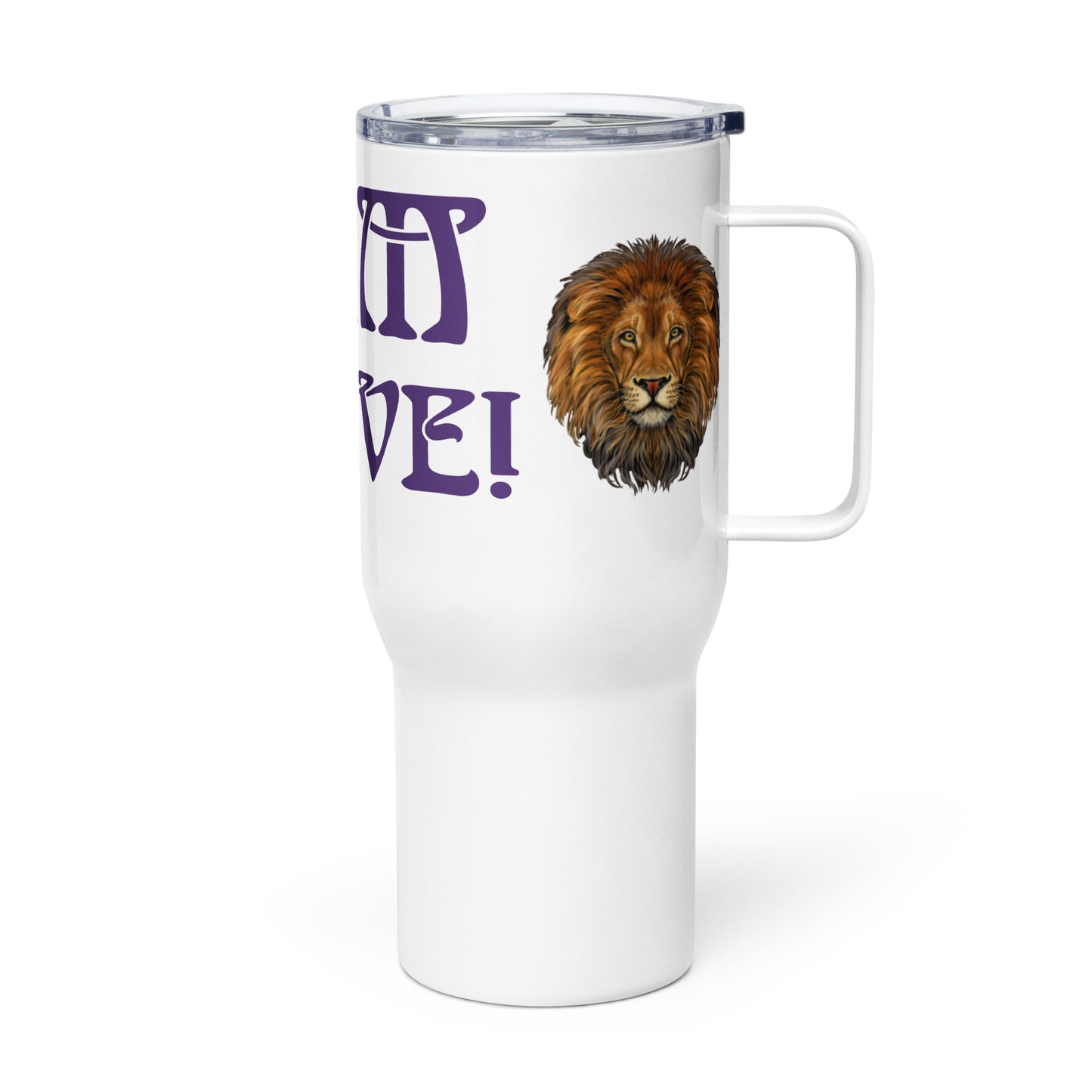“I’AM BRAVE!”White Travel Mug W/Purple Font