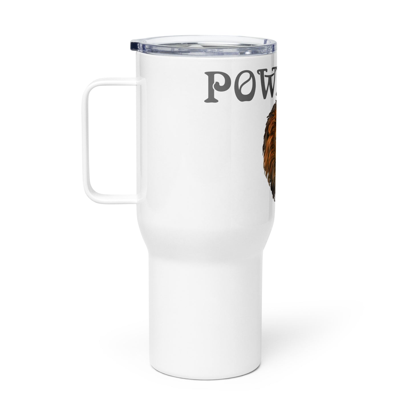 “POWERFUL”White Travel Mug W/Grey Font