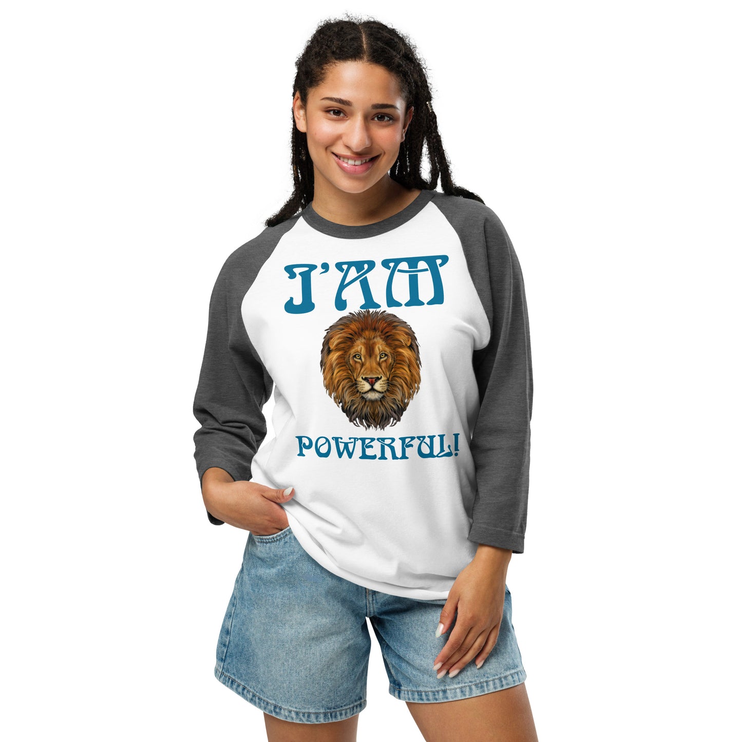 “I’AM POWERFUL!” 3/4 Sleeve Raglan Shirt W/Cerulean Font