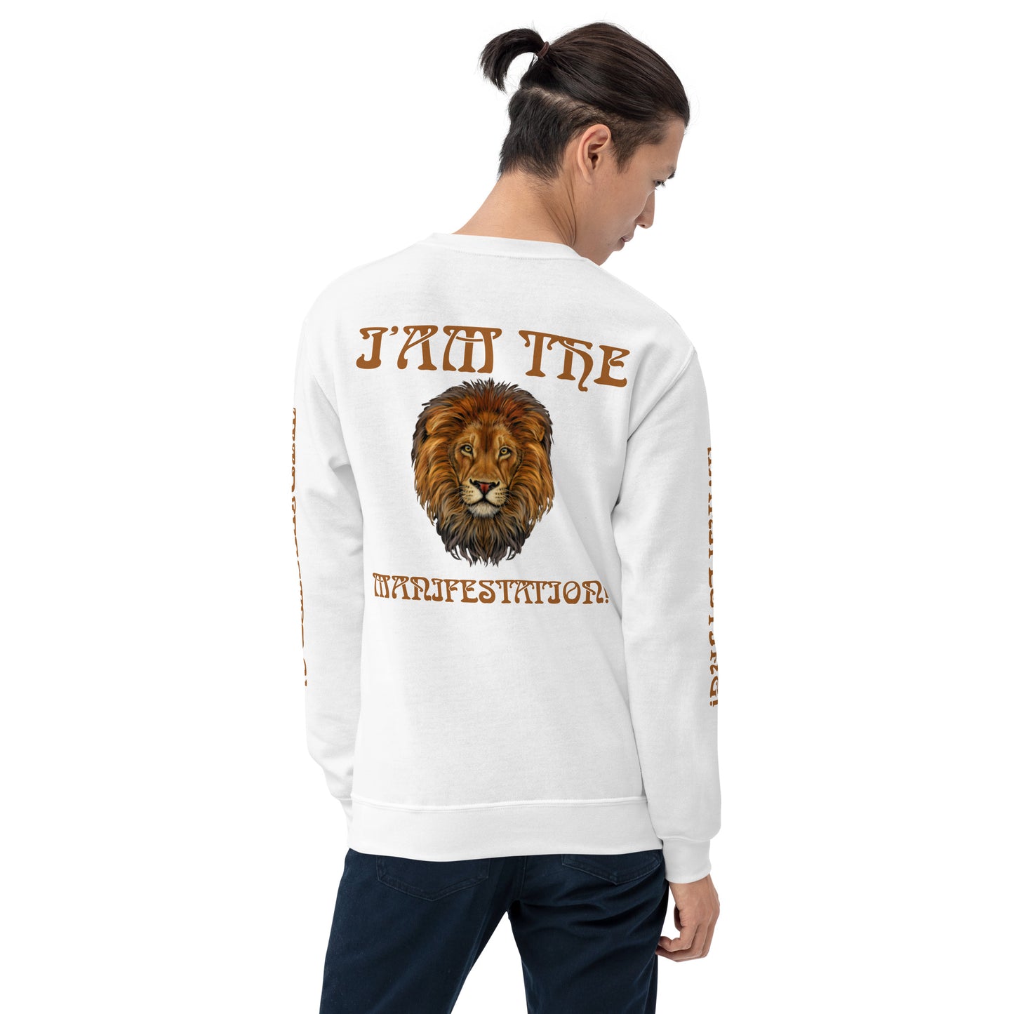 “I’AM THE MANIFESTATION!”White Unisex Sweatshirt W/Rich Gold Font