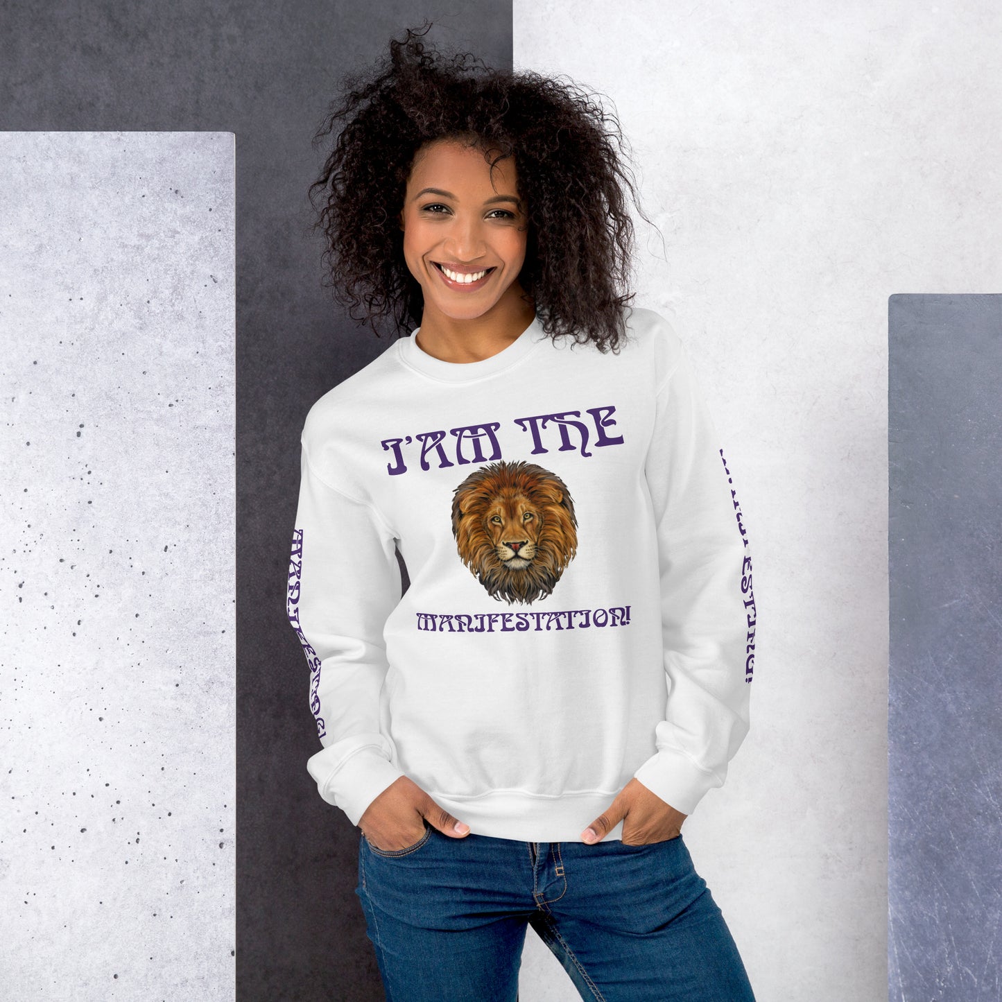 “I’AM THE MANIFESTATION!”White Unisex Sweatshirt W/Purple Font