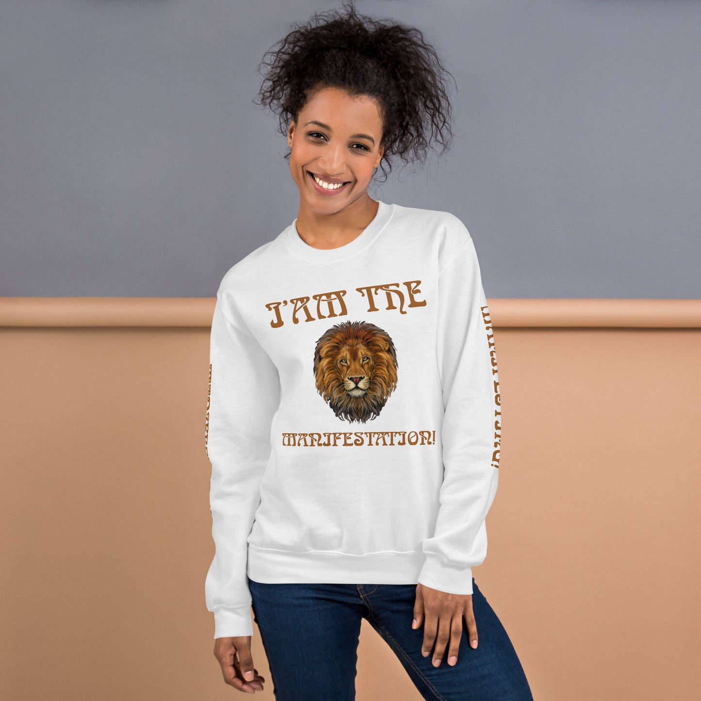“I’AM THE MANIFESTATION!”White Unisex Sweatshirt W/Rich Gold Font