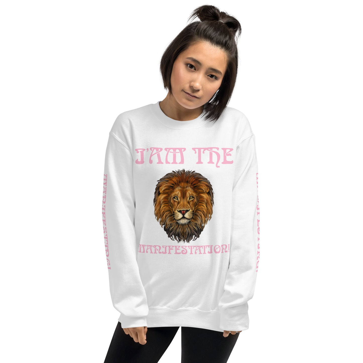 “I’AM THE MANIFESTATION!”White Unisex Sweatshirt W/Cotton Candy Font