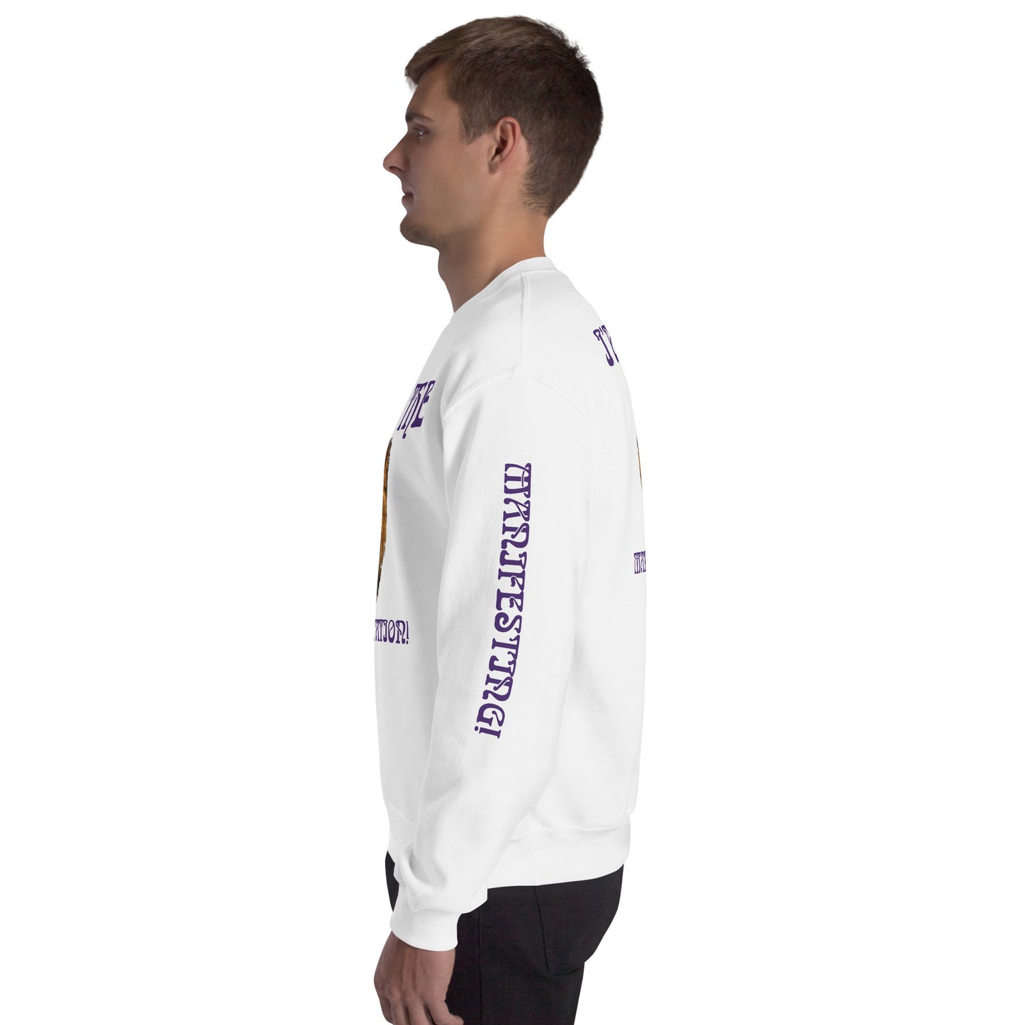 “I’AM THE MANIFESTATION!”White Unisex Sweatshirt W/Purple Font
