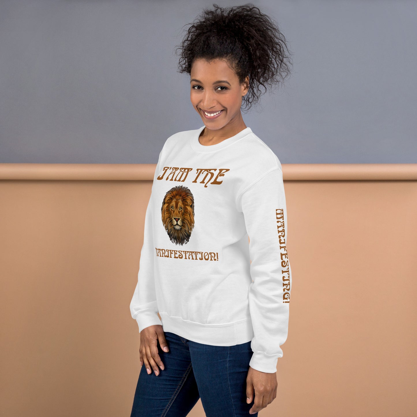 “I’AM THE MANIFESTATION!”White Unisex Sweatshirt W/Rich Gold Font