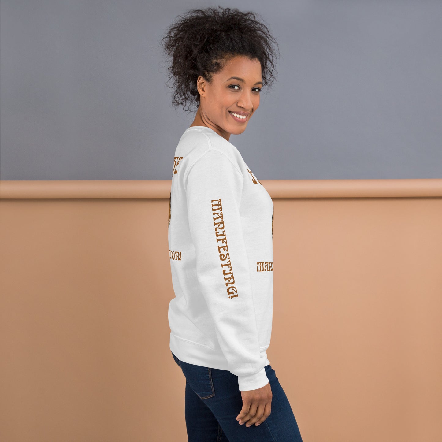 “I’AM THE MANIFESTATION!”White Unisex Sweatshirt W/Rich Gold Font