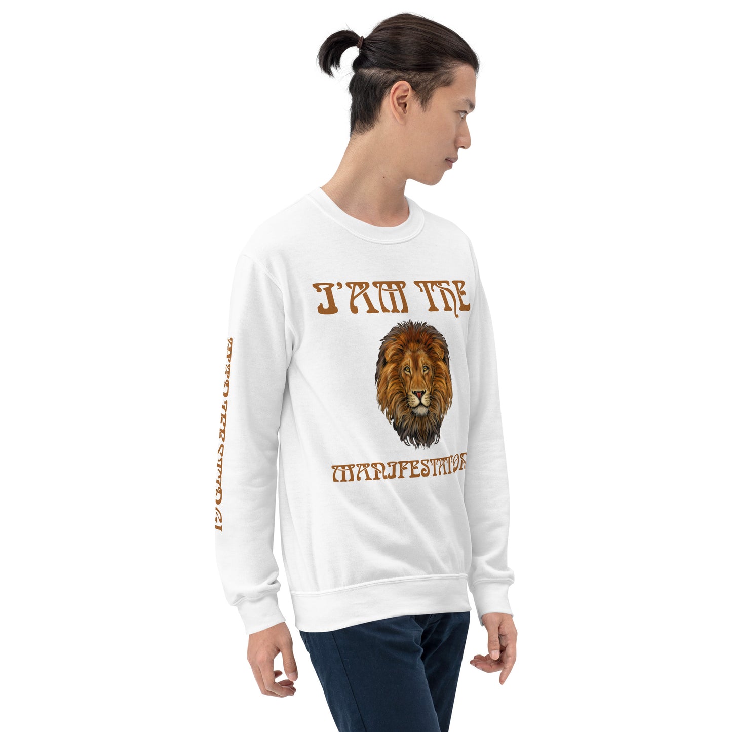 “I’AM THE MANIFESTATION!”White Unisex Sweatshirt W/Rich Gold Font