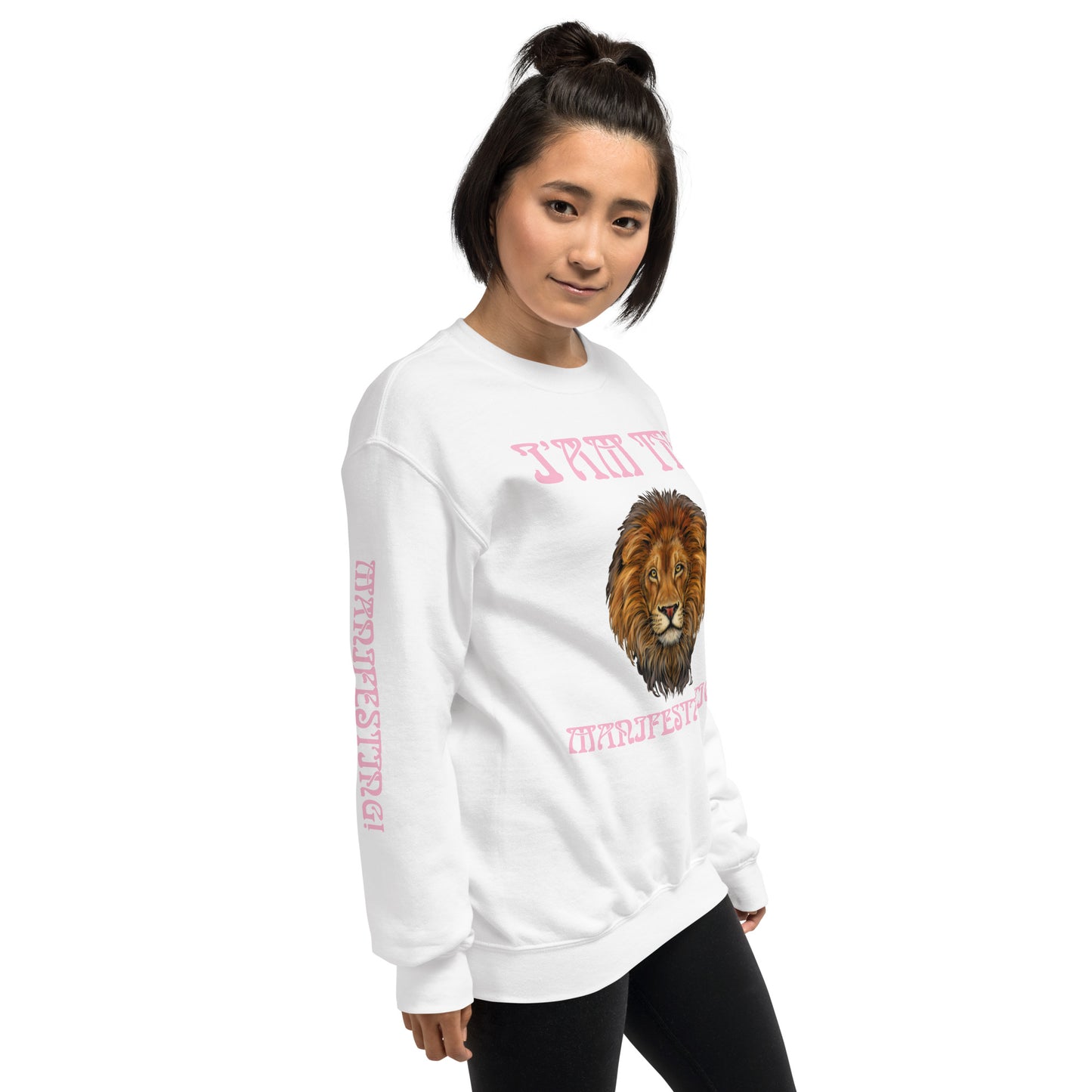 “I’AM THE MANIFESTATION!”White Unisex Sweatshirt W/Cotton Candy Font