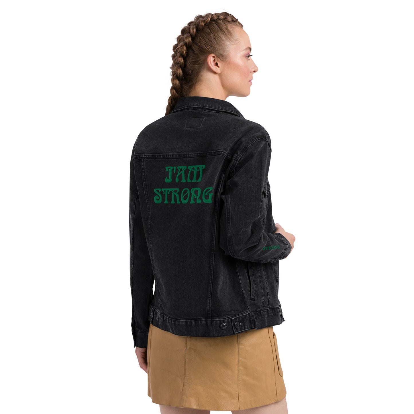 “IAM STRONG”Unisex Denim Jacket W/Green Font
