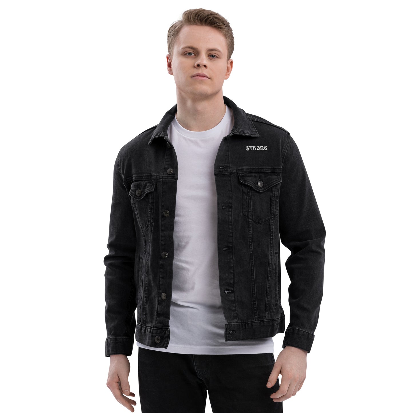 “STRONG”Unisex Denim Jacket W/White Font