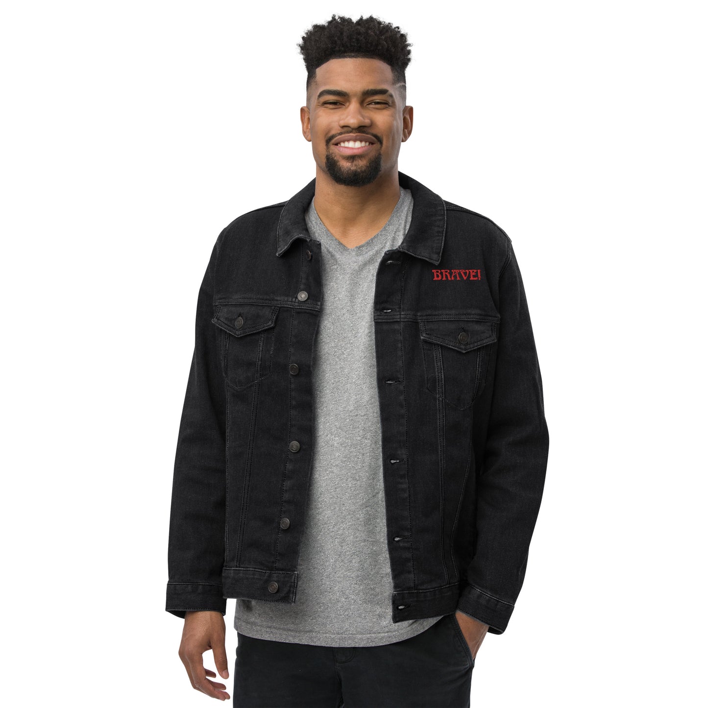“BRAVE!”Unisex Denim Jacket W/Red Font