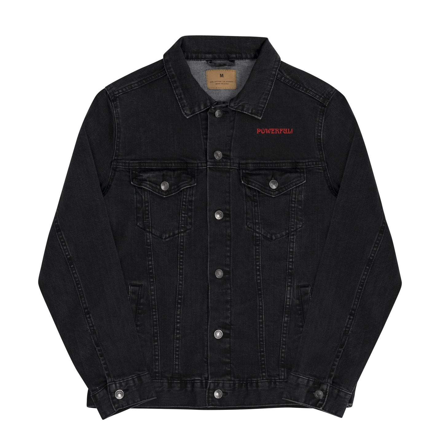 “POWERFUL!"Unisex Denim Jacket W/Red Font