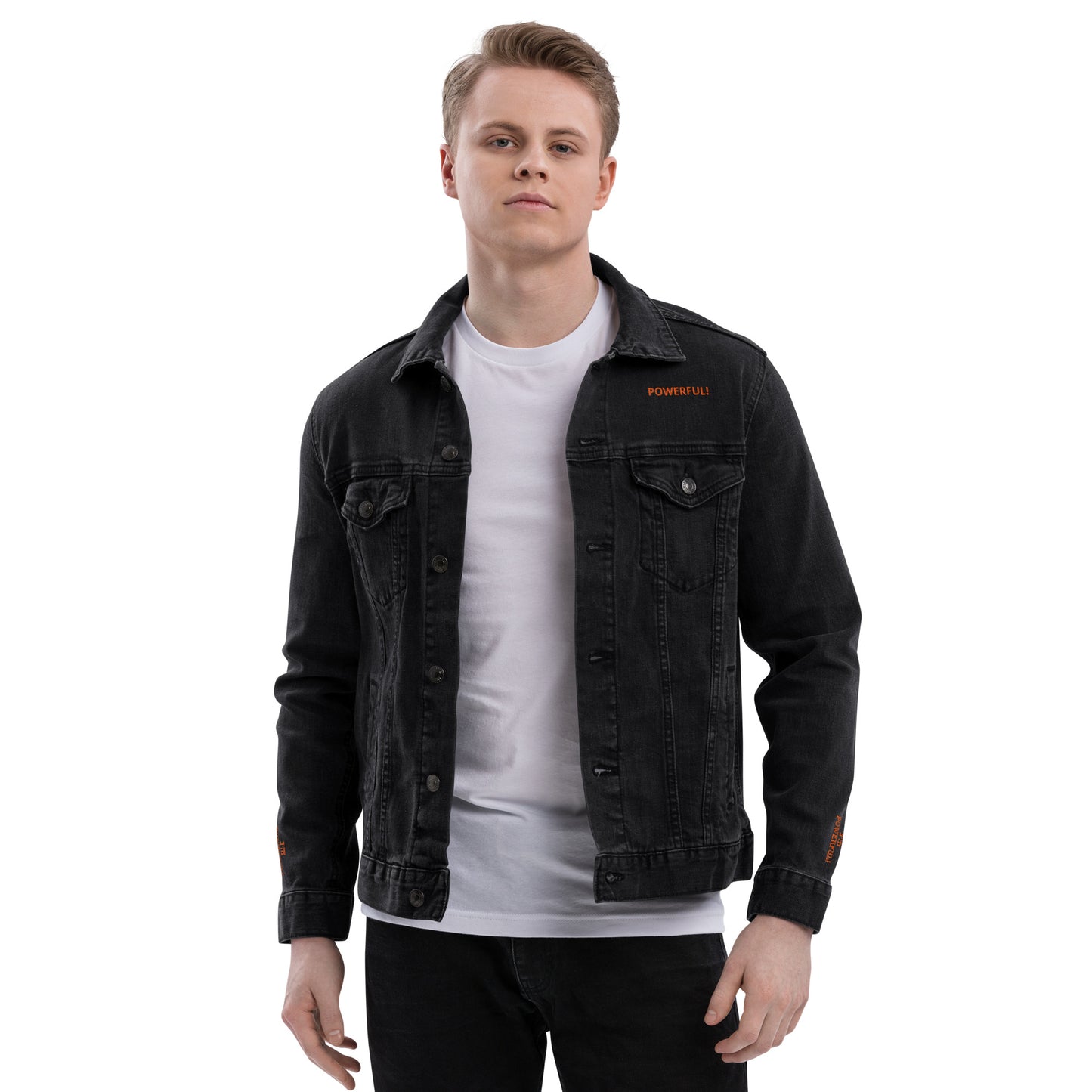 “IAM POWERFUL!"Unisex Denim Jacket W/Orange Font