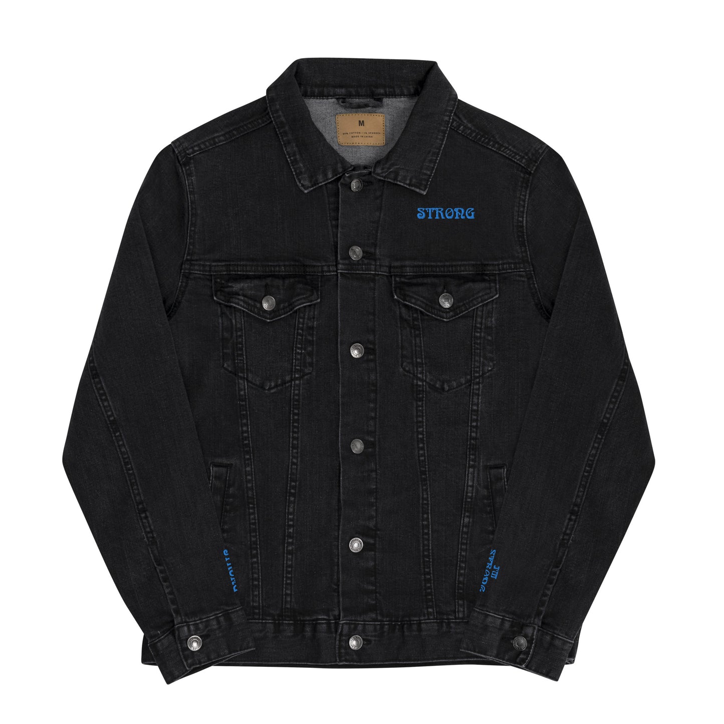“IAM STRONG!"Unisex Denim Jacket W/SkyBlue Font
