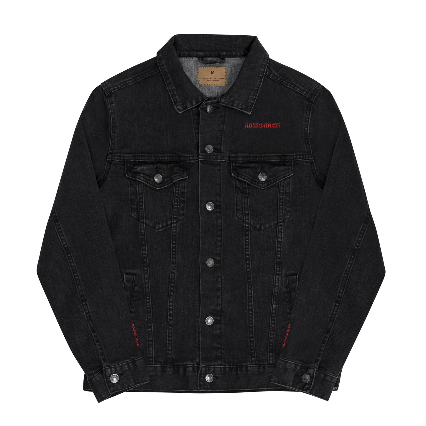 “I ATTRACT ABUNDANCE!” Unisex DenimJacket W/Red Font