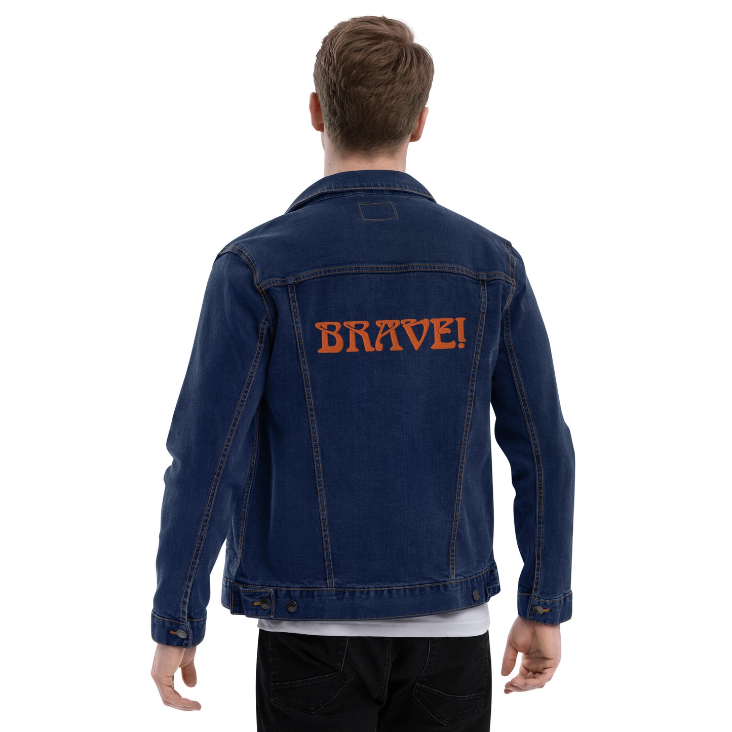 “BRAVE!”Unisex Denim Jacket W/Orange Font
