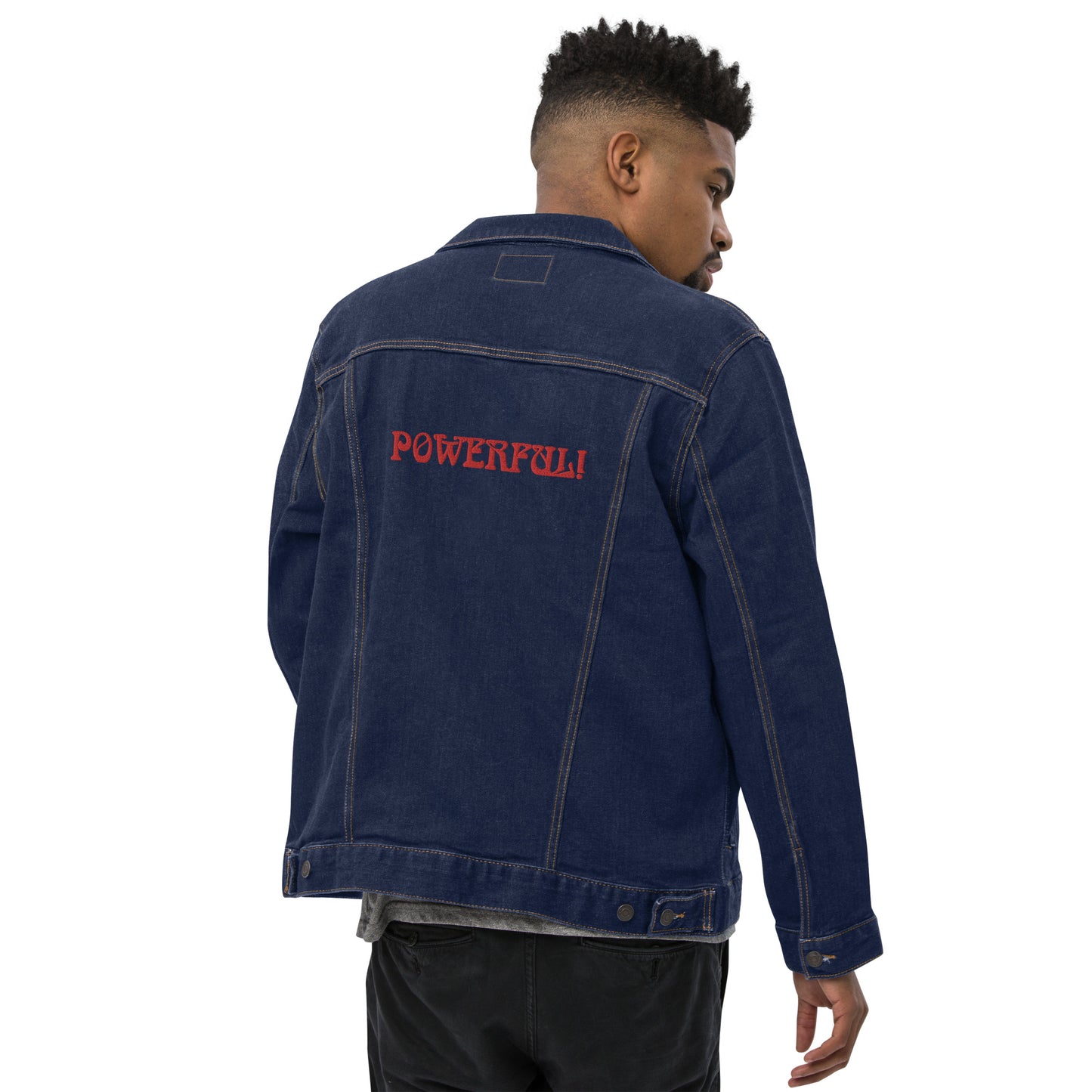 “POWERFUL!"Unisex Denim Jacket W/Red Font