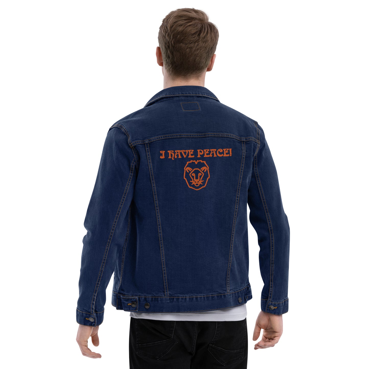 “I HAVE PEACE!"Unisex Denim Jacket W/Orange Font