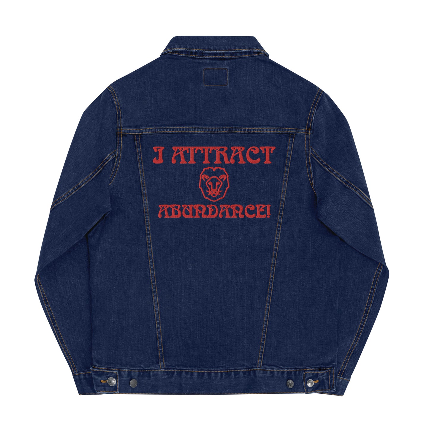 “I ATTRACT ABUNDANCE!” Unisex DenimJacket W/Red Font