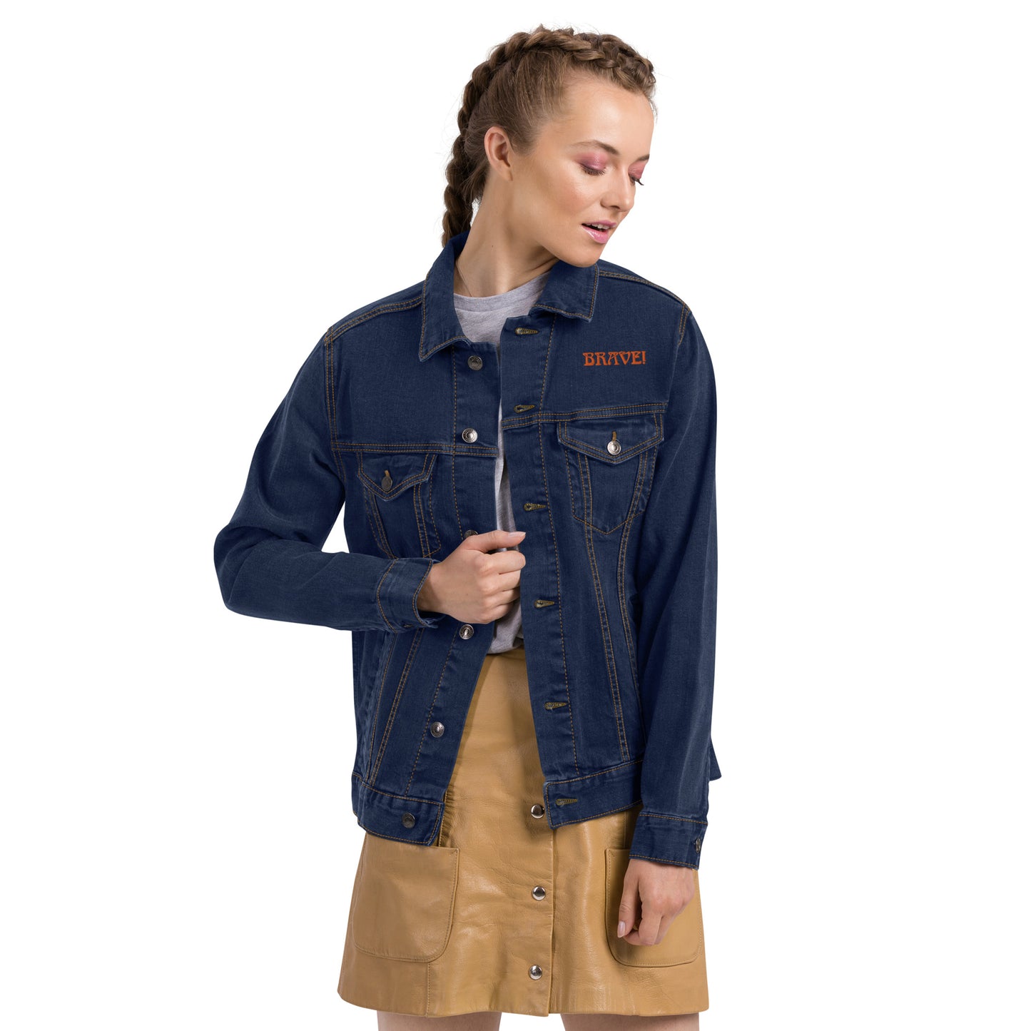 “BRAVE!”Unisex Denim Jacket W/Orange Font