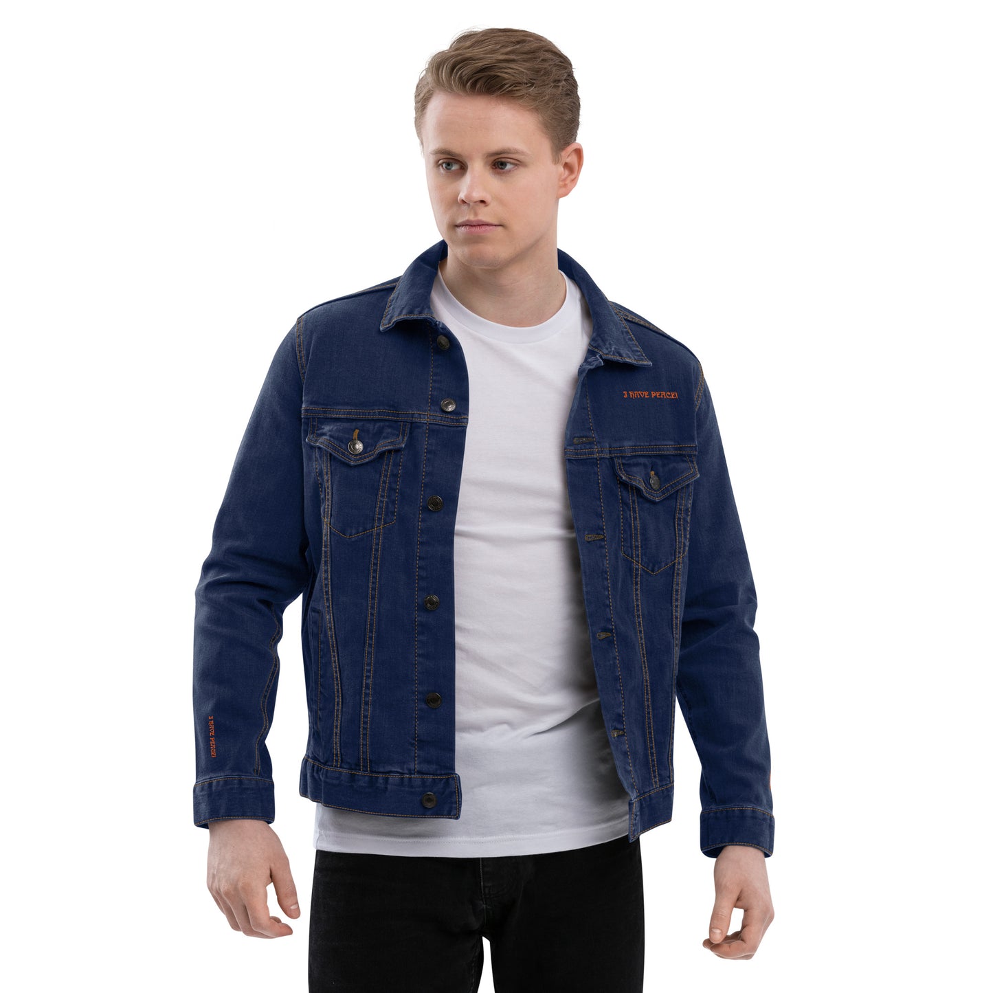 “I HAVE PEACE!"Unisex Denim Jacket W/Orange Font