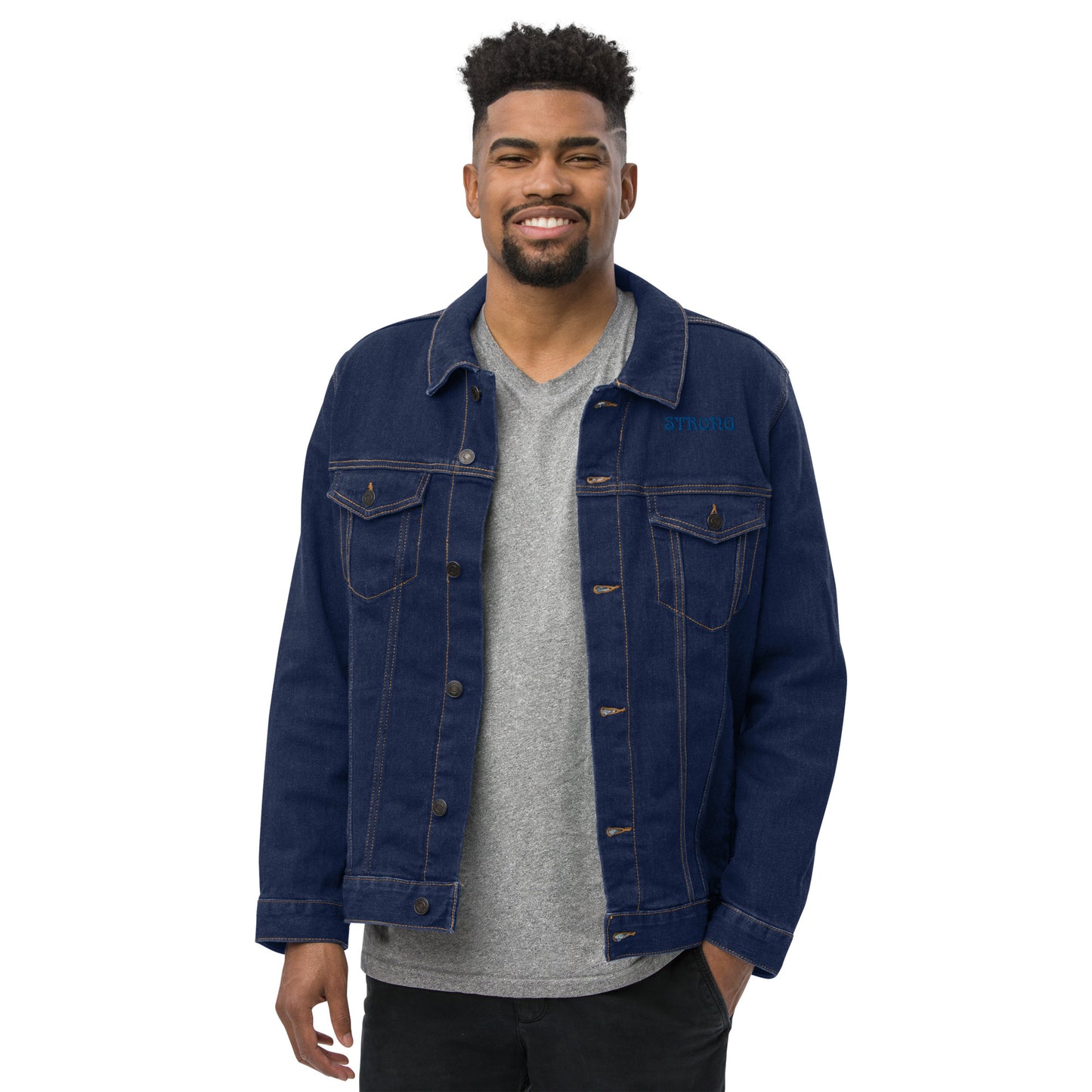 “STRONG”Unisex Denim Jacket W/Navy Blue Font