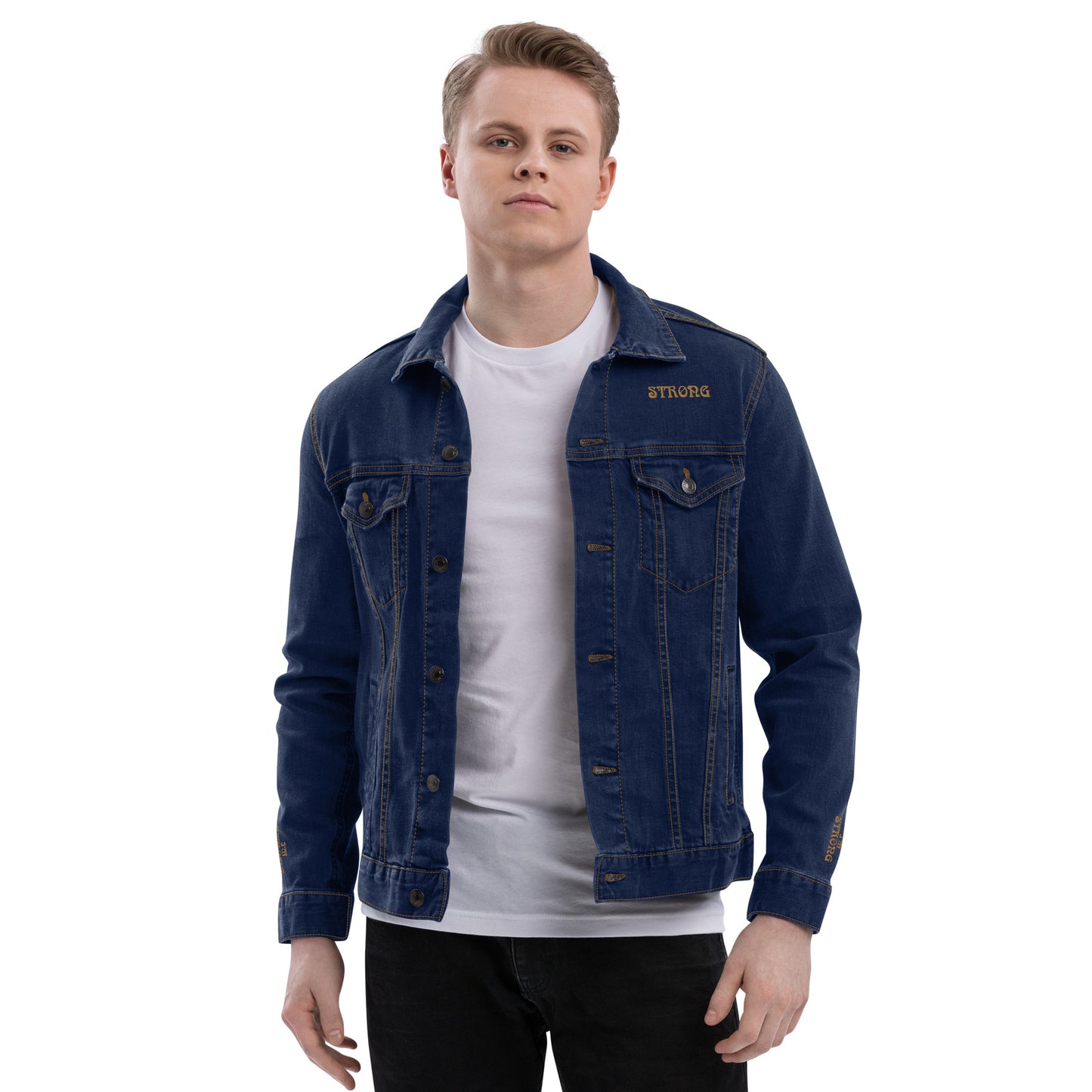 “IAM STRONG”Unisex Denim Jacket W/Bronze Font