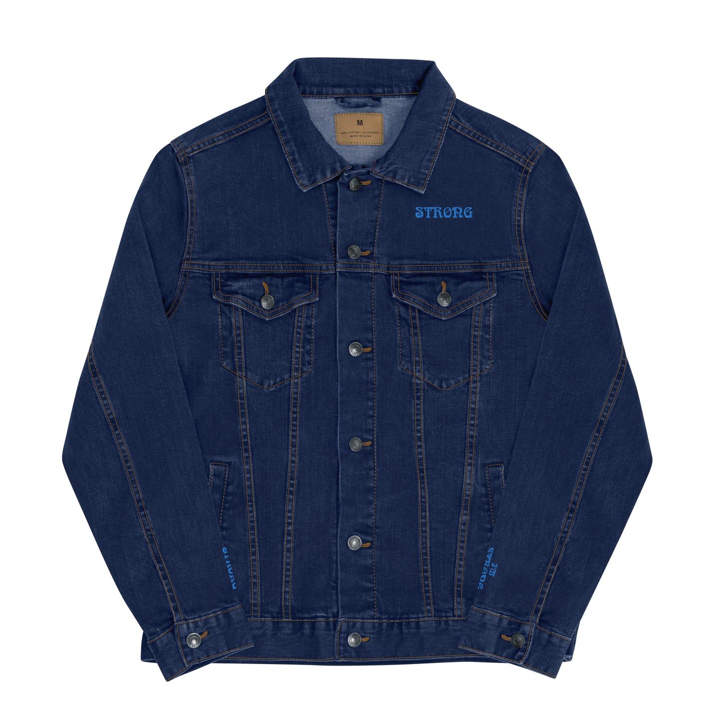 “IAM STRONG!"Unisex Denim Jacket W/SkyBlue Font