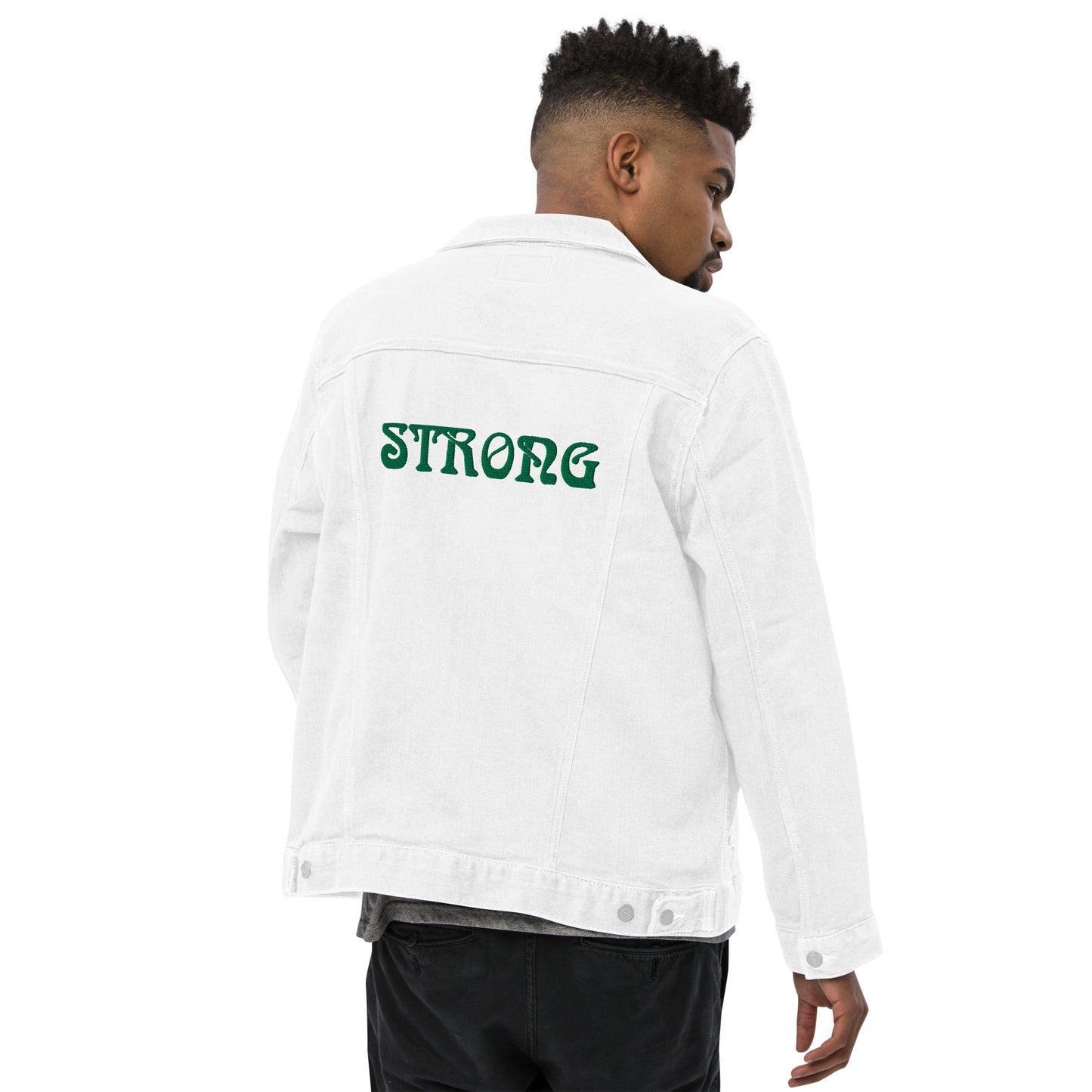 “STRONG”Unisex Denim Jacket W/Green Font