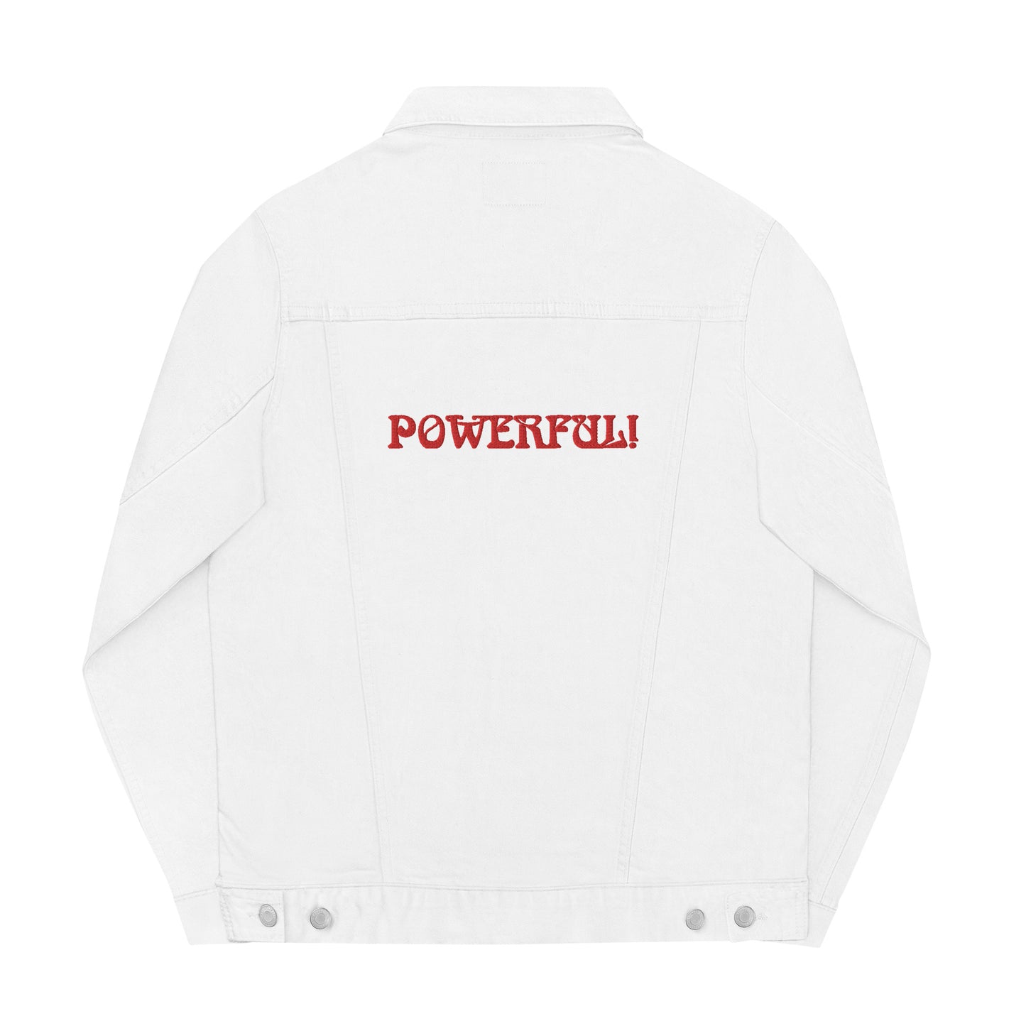 “POWERFUL!"Unisex Denim Jacket W/Red Font